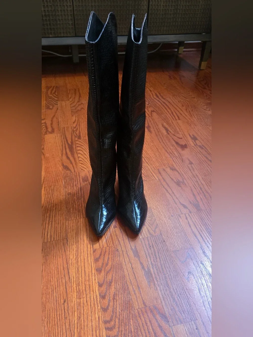 Schutz Analeah Black Leather Croc Embossed Knee High Boots Block Heel Size 10 B